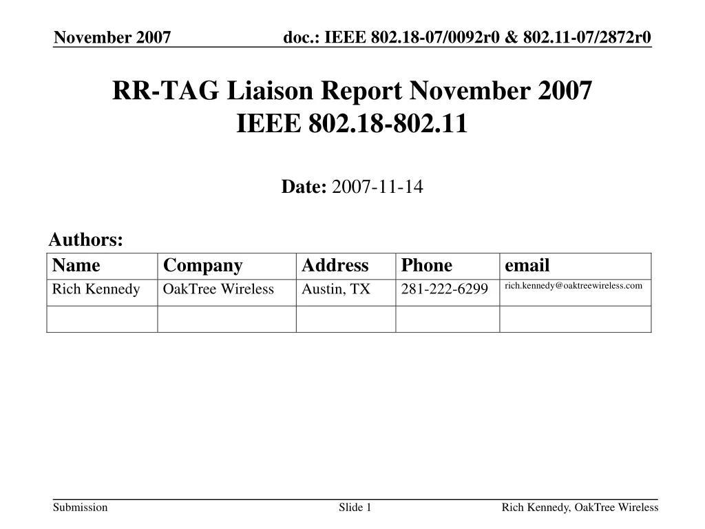 rr tag liaison report november 2007 ieee 802 18 802 11