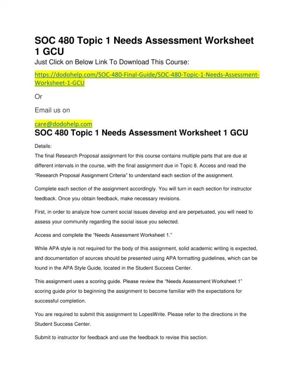 SOC 480 Topic 1 Needs Assessment Worksheet 1 GCU