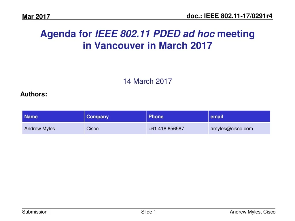 agenda for ieee 802 11 pded ad hoc meeting in vancouver in march 2017