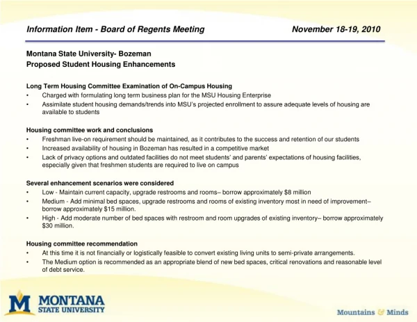 Information Item - Board of Regents Meeting	 		November 18-19, 2010