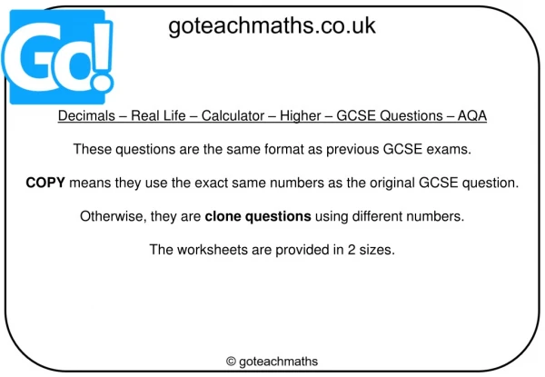 Decimals – Real Life – Calculator – Higher – GCSE Questions – AQA