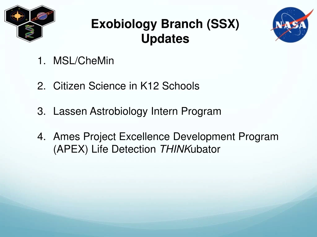exobiology branch ssx updates
