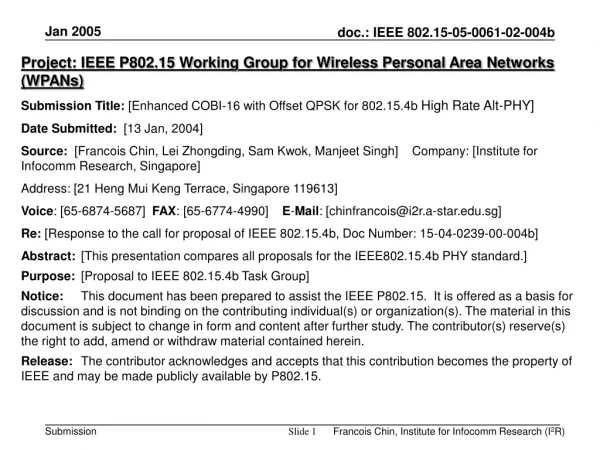 Project: IEEE P802.15 Working Group for Wireless Personal Area Networks (WPANs)