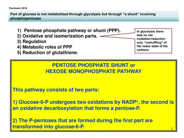 PENTOSE PHOSPHATE SHUNT or HEXOSE MONOPHOSPHATE PATHWAY This pathway consists of two parts: