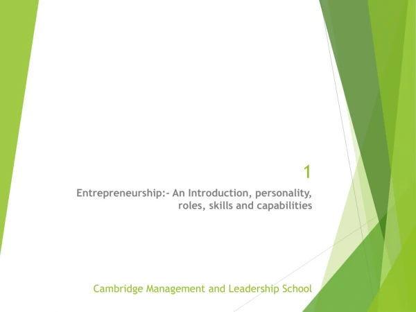Entrepreneurship:- An Introduction, personality, roles, skills and capabilities