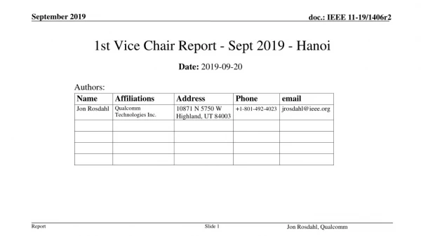 1st Vice Chair Report - Sept 2019 - Hanoi