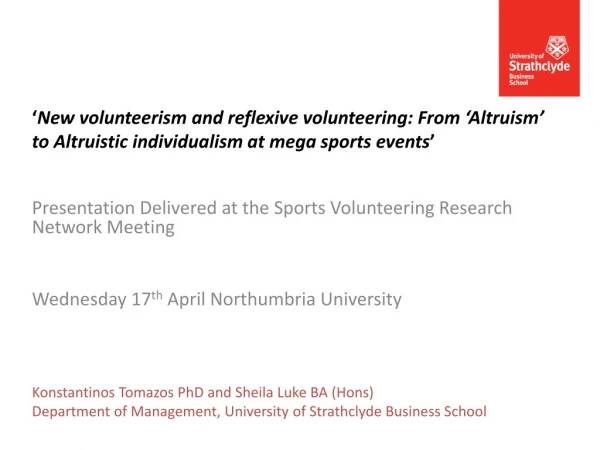 Presentation Delivered at the Sports Volunteering Research Network Meeting