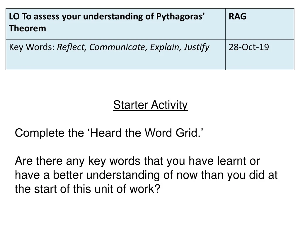 starter activity complete the heard the word grid