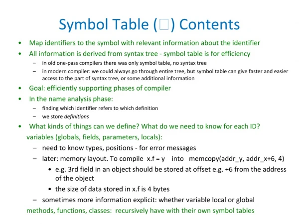 Symbol Table (  ) Contents
