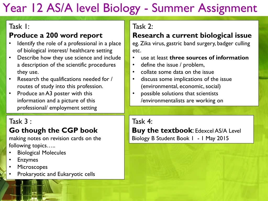 year 12 as a level biology summer assignment