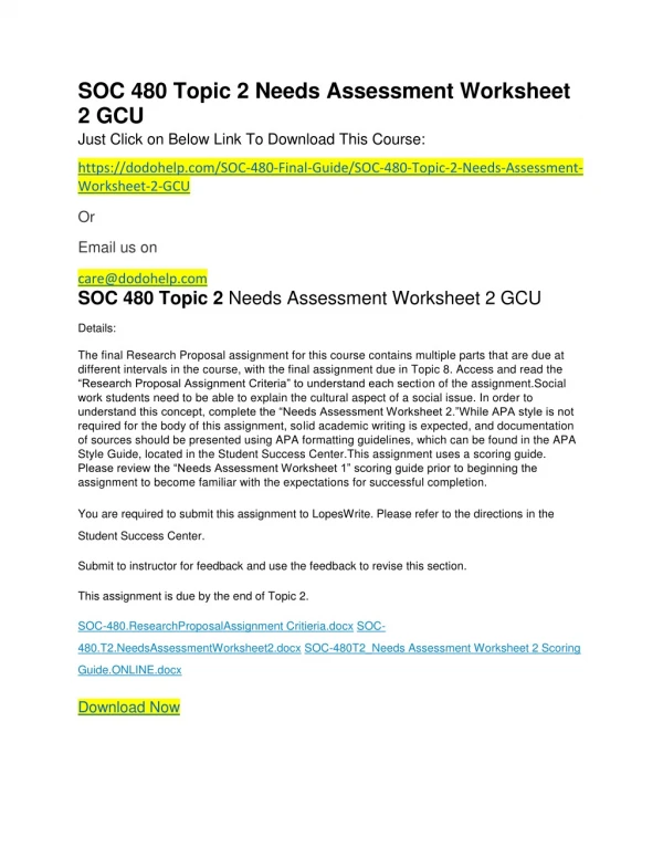 SOC 480 Topic 2 Needs Assessment Worksheet 2 GCU
