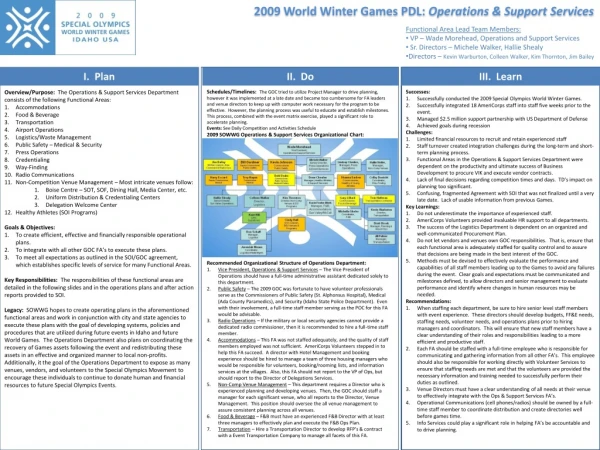 2009 World Winter Games PDL: Operations &amp; Support Services
