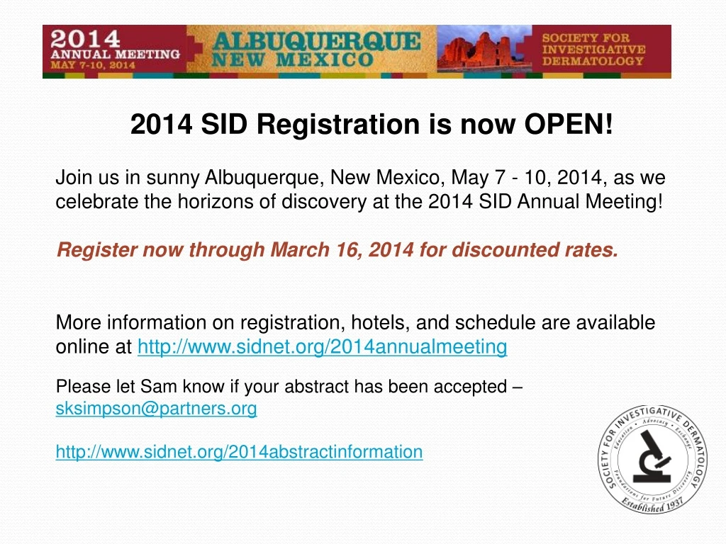 2014 sid registration is now open join