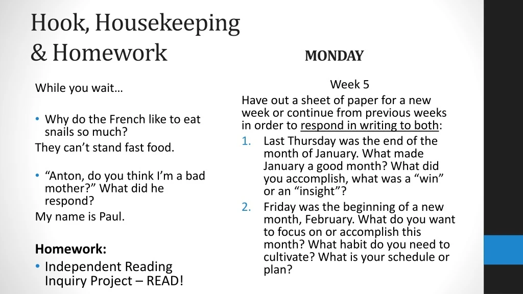 hook housekeeping homework monday