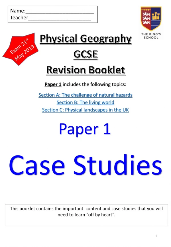 Physical Geography GCSE Revision Booklet Paper 1 includes the following topics: