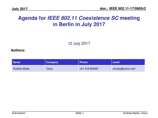 Agenda for IEEE 802.11 Coexistence SC meeting in Berlin in July 2017