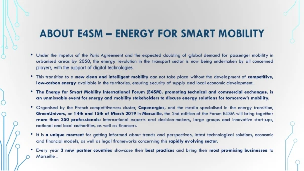 ABOUT E4SM – Energy FOR SMART MOBILITY