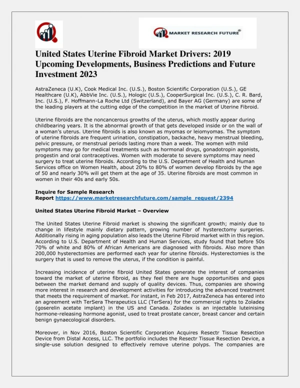 Uterine Fibroid Market Research 2019