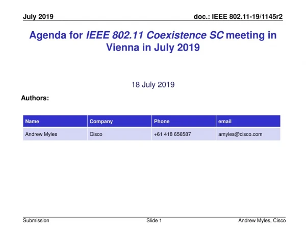 Agenda for IEEE 802.11 Coexistence SC meeting in Vienna in July 2019