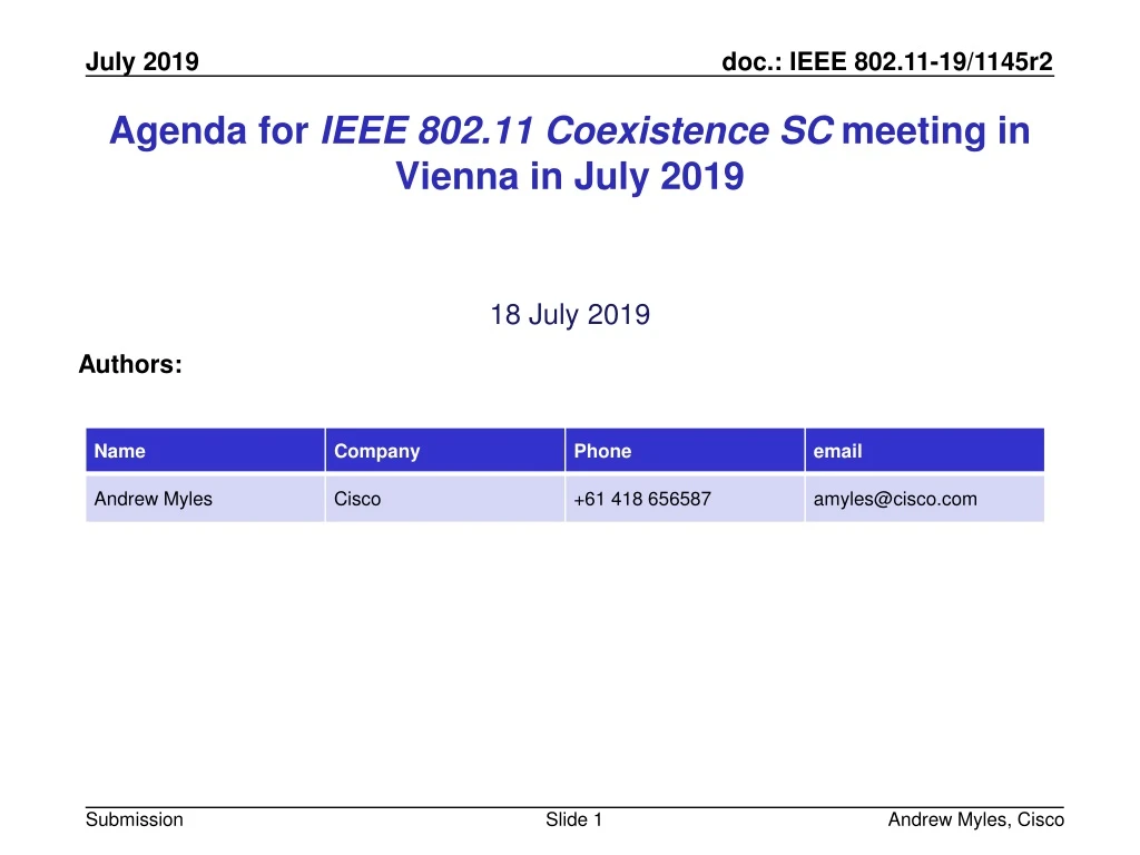 agenda for ieee 802 11 coexistence sc meeting in vienna in july 2019