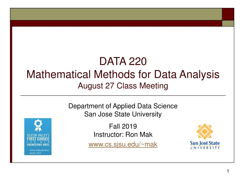 data 220 mathematical methods for data analysis august 27 class meeting