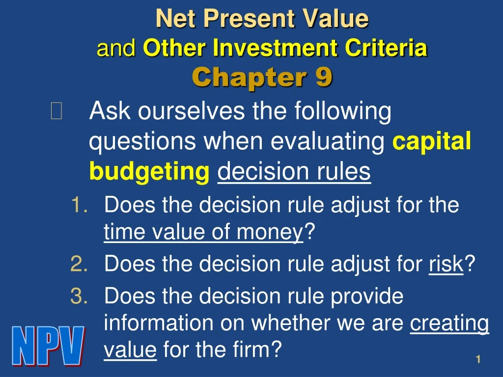 net present value and other investment criteria chapter 9
