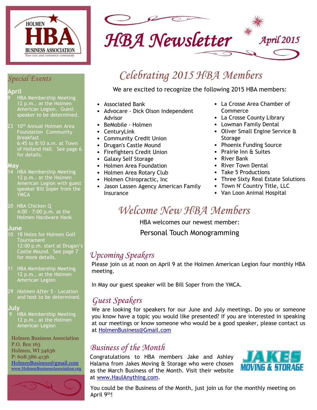 special events april hba membership meeting