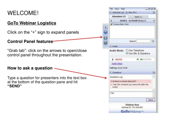 WELCOME! GoTo Webinar Logistics Click on the “+” sign to expand panels Control Panel features