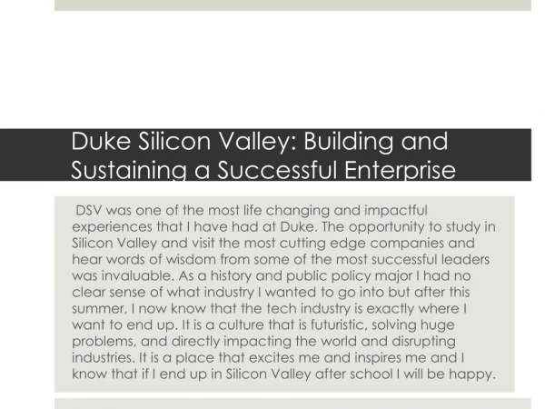 Duke Silicon Valley: Building and Sustaining a Successful Enterprise