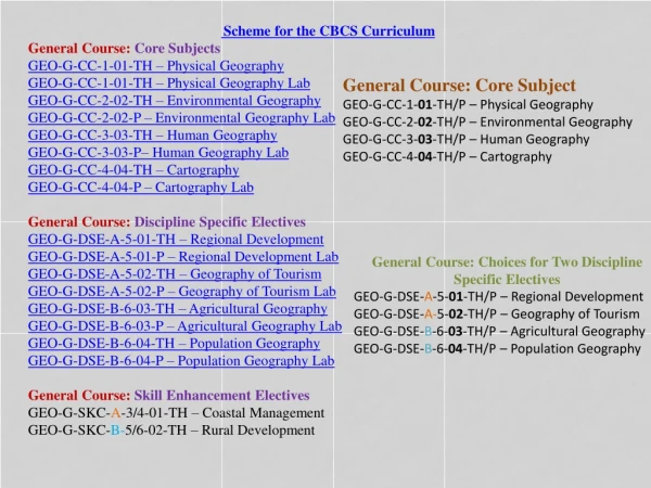 Scheme for the CBCS Curriculum General Course: Core Subjects