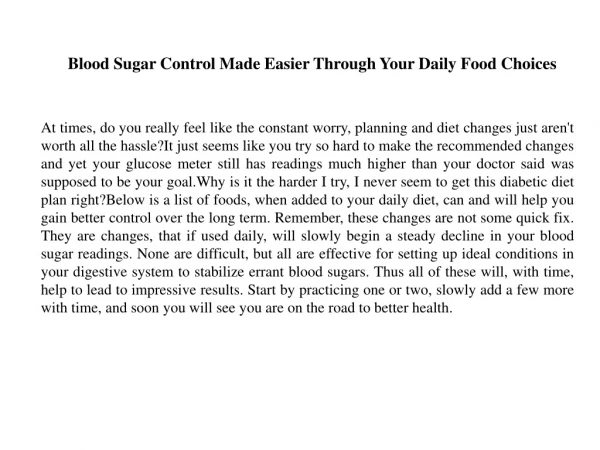 Blood Sugar Control Made Easier Through Your Daily Food Choices