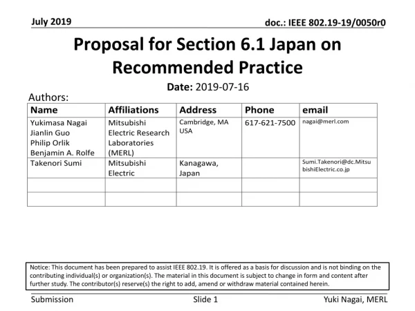 Proposal for Section 6.1 Japan on Recommended Practice