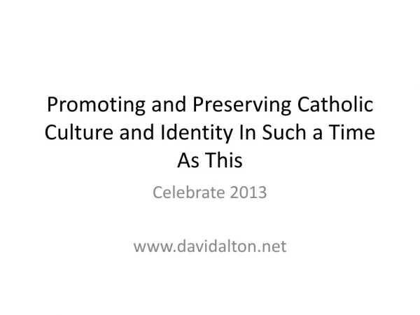 Promoting and Preserving Catholic Culture and Identity In Such a Time As This