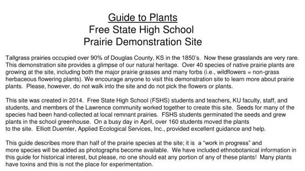 Guide to Plants Free State High School Prairie Demonstration Site