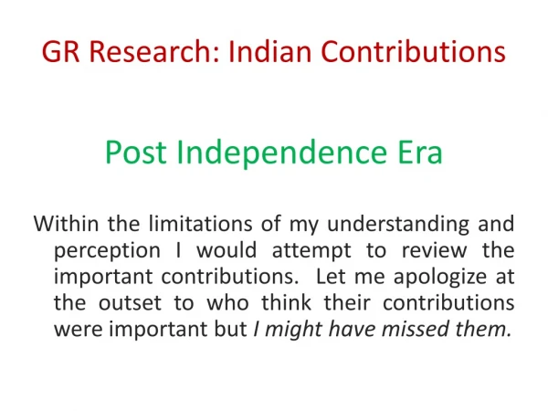 GR Research: Indian Contributions