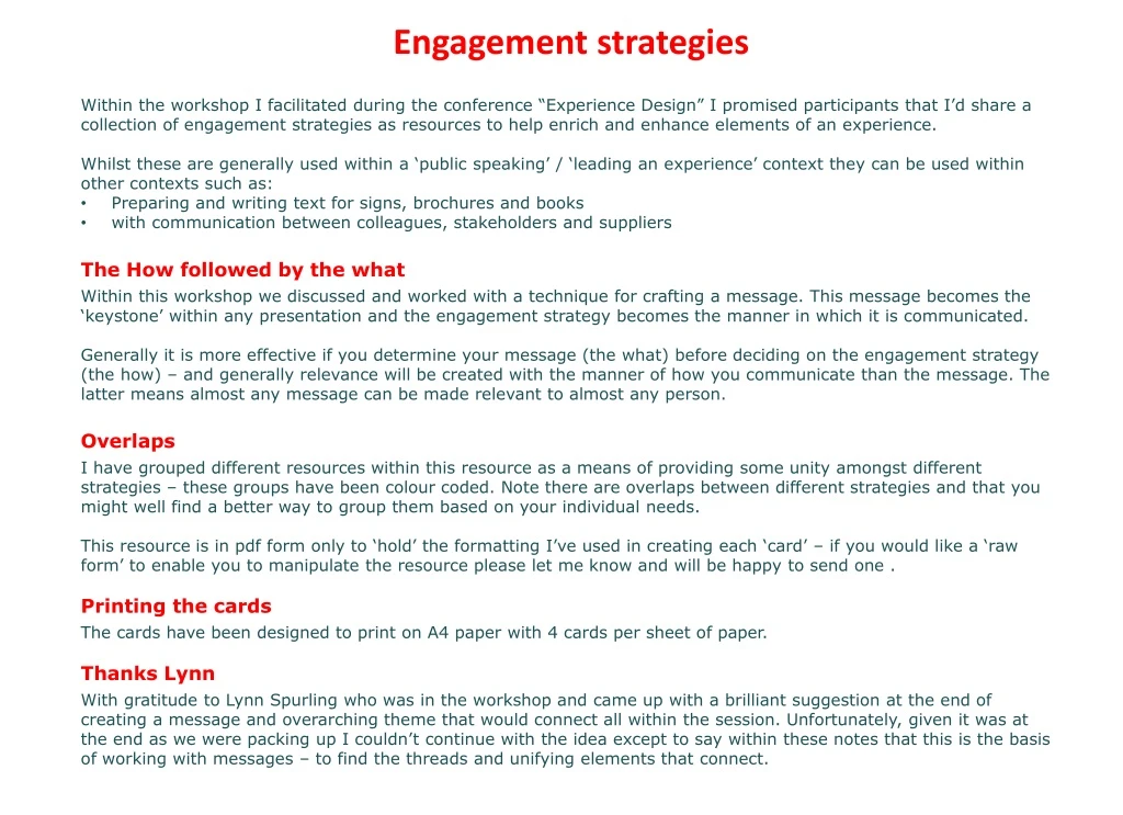 engagement strategies within the workshop