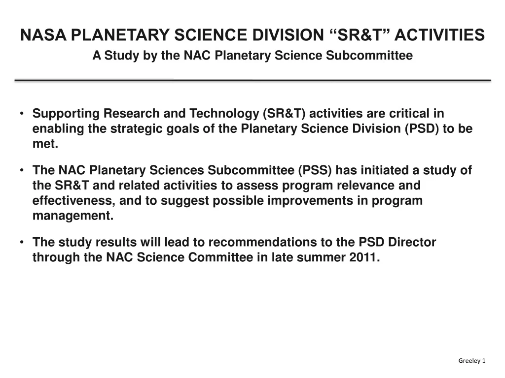 nasa planetary science division sr t activities