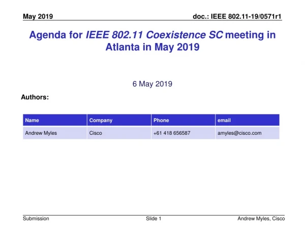 Agenda for IEEE 802.11 Coexistence SC meeting in Atlanta in May 2019