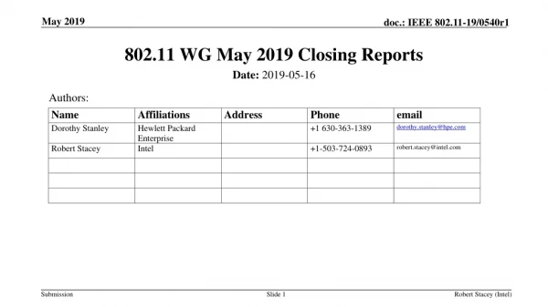 802.11 WG May 2019 Closing Reports