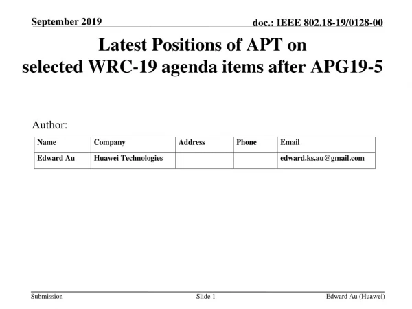 Latest Positions of APT on selected WRC-19 agenda items after APG19-5