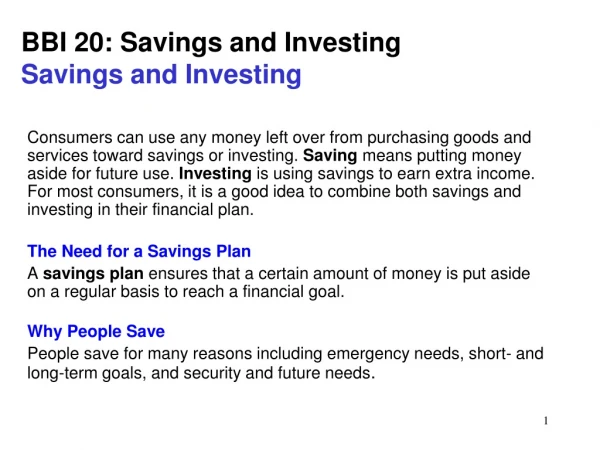BBI 20: Savings and Investing Savings and Investing