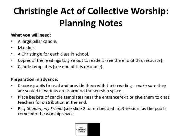 Christingle Act of Collective Worship: Planning Notes