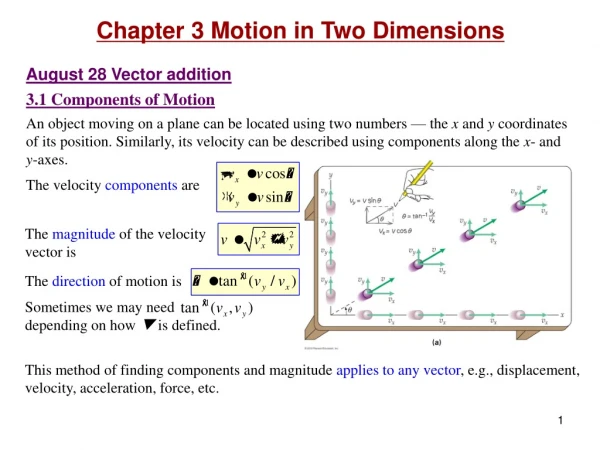 Chapter 3 Motion in Two Dimensions August 28 Vector addition 3.1 Components of Motion
