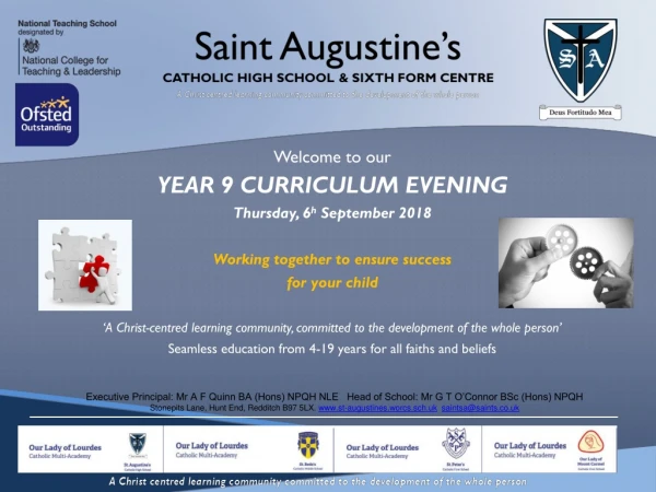 Welcome to our YEAR 9 CURRICULUM EVENING Thursday, 6 h September 2018