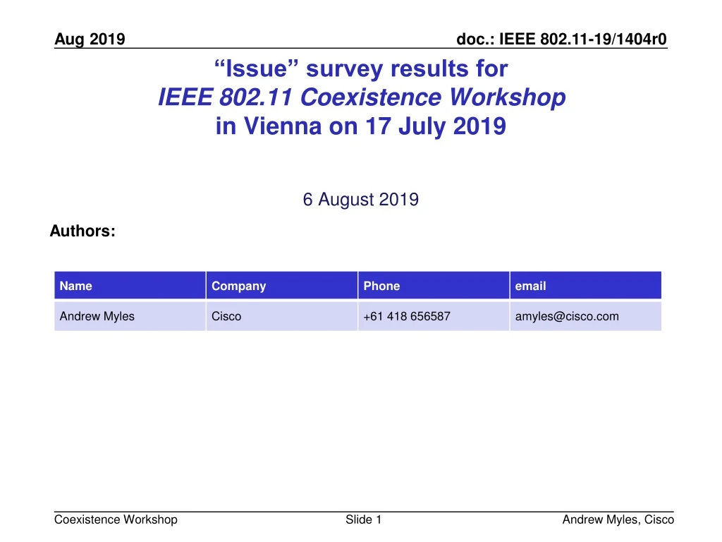 issue survey results for ieee 802 11 coexistence workshop in vienna on 17 july 2019