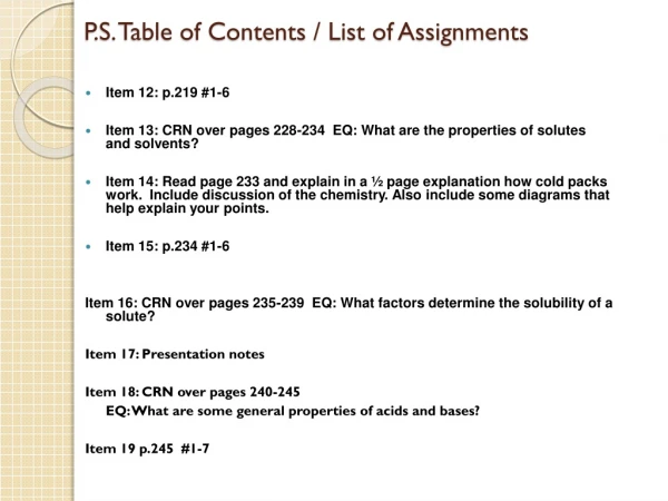 P.S. Table of Contents / List of Assignments