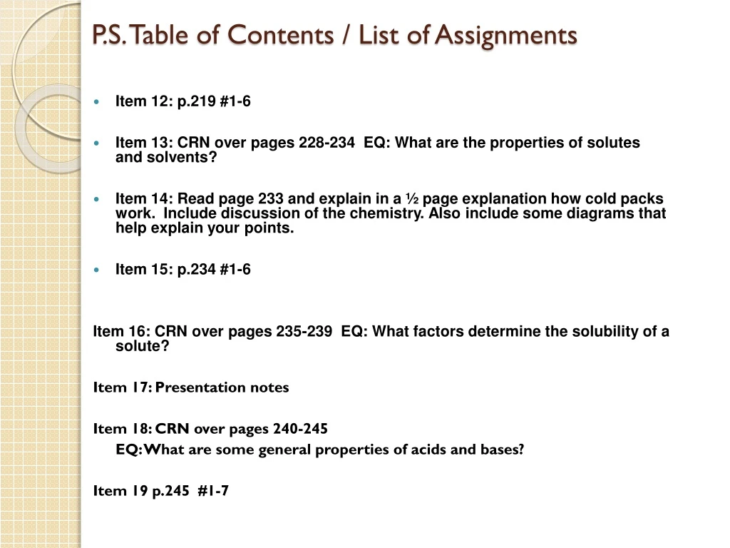 p s table of contents list of assignments