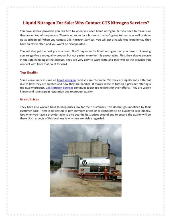 Liquid Nitrogen For Sale: Why Contact GTS Nitrogen Services?