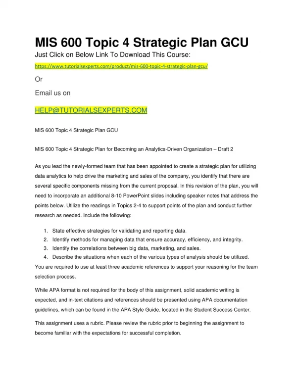 mis 600 topic 4 strategic plan gcu just click