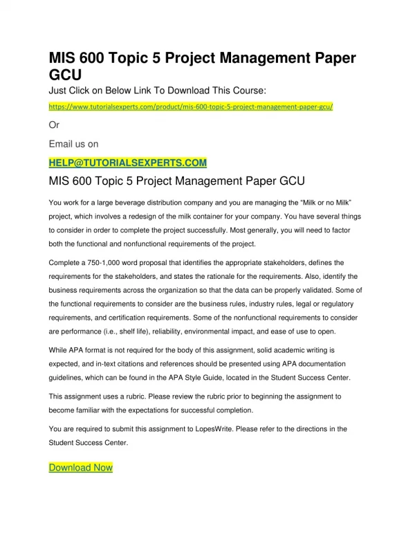 mis 600 topic 5 project management paper gcu just